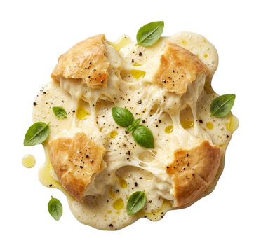 Rustic hand-torn mozzarella chunks melting unevenly for a deliberately imperfect artisanal texture