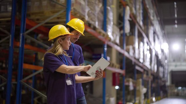 Two warehouse workers, wearing protective helmets and identification badges, collaborate, consulting a digital tablet amidst rows of stacked shelves, likely managing inventory or processing orders