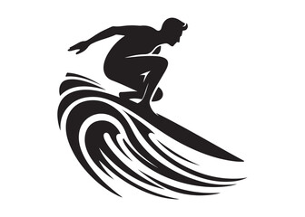 surfing logo silhouette vector, water sports logo silhouette illustration, catching waves logo silhouette, surfboard logo, surfing wave riders logo vector silhouette on white background