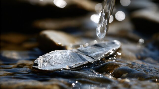 Sharp flint stone in a clear creek with gentle current flowing past the edge, sunlit highlights. travel editorials, destination marketing, designed for outdoor travel branding.