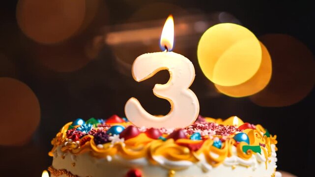 A festive birthday cake, decorated with colorful candies and frosting, sits in a dark, bokeh-lit setting. A bright number '3' candle flickers steadily, marking a third-year celebration.