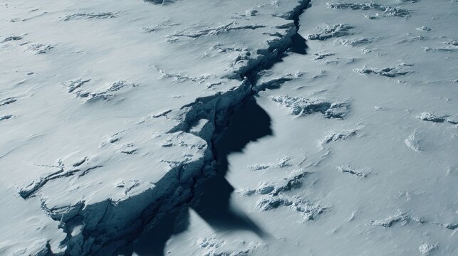 A vast glacier with a deep, dark crevasse splitting its surface, cold blue and white tones. travel magazines, destination branding, designed for outdoor magazines and nature guides.