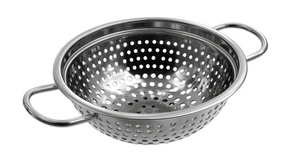 Stainless steel kitchen colander strainer cookware utensil for washing vegetables pasta cooking household equipment isolated shiny object on white background