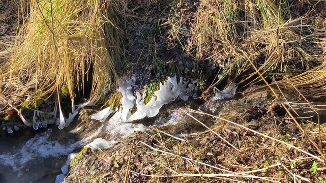 Ice and frost on the stream in winter.