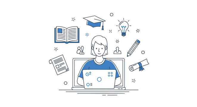 Person learning online with laptop and education icons around them