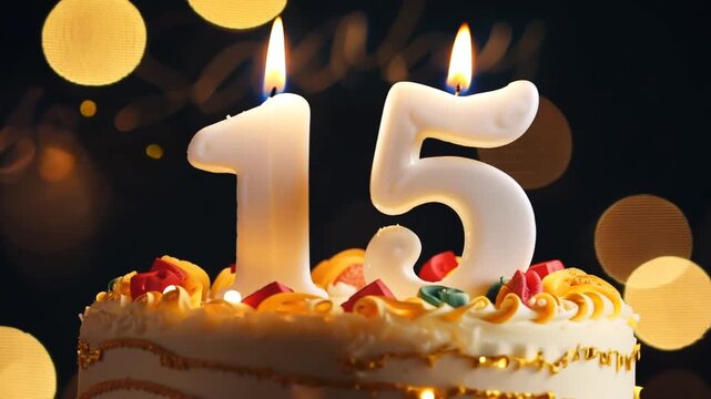 A close-up shot of a birthday cake celebrating a 15th anniversary. Large, white number "15" candles flicker gently against a dark, magical background illuminated by warm, shimmering golden bokeh ligh
