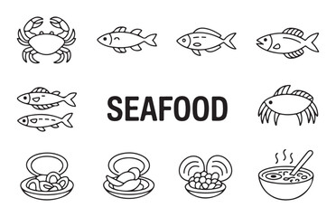 Minimalist seafood line art icons including crab fish oyster and soup bowl for restaurant branding designs © Moni