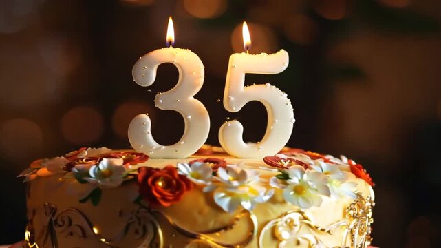 A rich, golden birthday cake for a 35th celebration, topped with bright, burning candles. The video captures the flickering flames and decorative icing against a warm, dark background with festive bo