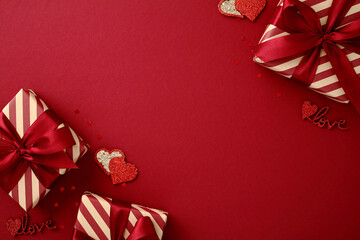 Valentine's gift boxes with bows and hearts creating a frame on red background