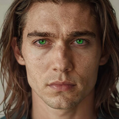 Fototapeta premium A portrait depicts a man with intense gaze, green eyes, and long hair