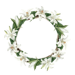 Fototapeta premium Easter Lily Wreath Watercolor. Hand Painted White Lily Floral Wreath. Isolated on a transparent background