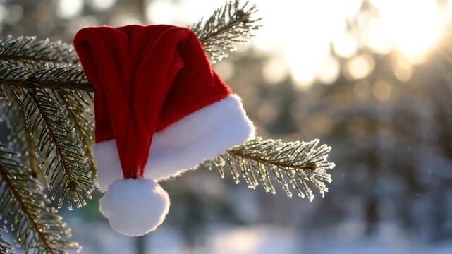 Christmas Santa hat hanging on a frosty pine tree branch in winter.