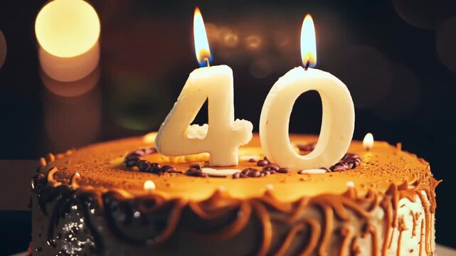 A close-up of a luxurious 40th birthday cake with number candles burning steadily. The background features warm, fuzzy bokeh lights, creating an intimate, celebratory atmosphere perfect for a milesto