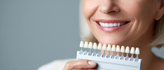 Naklejka premium Close-up of smiling woman holding dental shade guide for teeth color matching in dental care and cosmetic dentistry