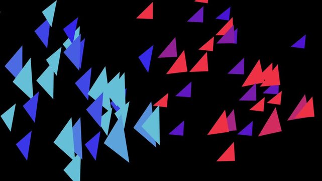 Abstract geometric animation featuring blue and red triangles flying and rotating across a contrasting background.