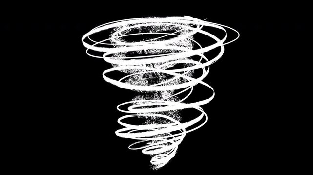 Abstract art silhouette colorful bright tornado storm, hurricane or whirlwind in hand draw sketch cartoon style. Vivid 2d animation element isolated on black background with alpha matte channel.