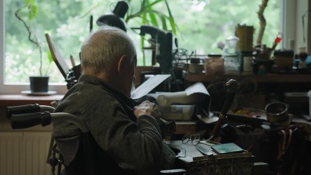 Elderly craftsman working in his old workshop, carefully restoring collectible Japanese bladed weapons