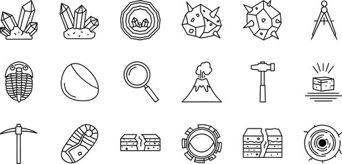 A collection of line art icons related to geology, fossils, and earth science tools. © Simu Store