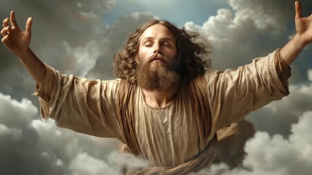 Jesus Christ, divine savior, ascending heavenward amidst glorious clouds, radiating spiritual light, offering blessed hope, eternal grace, profound salvation, God's divine love