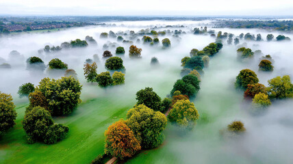 Obraz premium Aerial View Of Trees In Fog Over Green Field Landscape Misty Morning Scenery Nature Background Tranquil Atmosphere Countryside Environment
