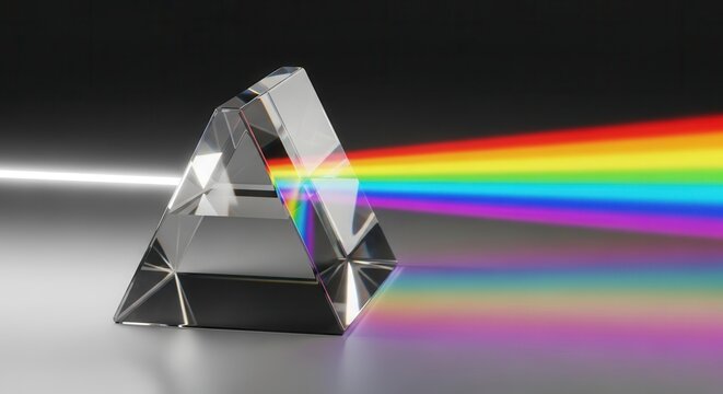Light dispersion through a triangular glass prism creating a vibrant spectral rainbow