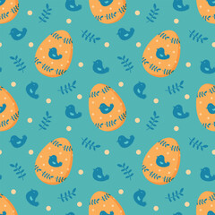 Decorative Easter pattern with hand drawn eggs on blue background
