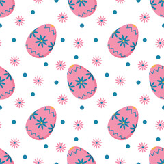 Spring holiday pattern with colorful Easter eggs and flowers