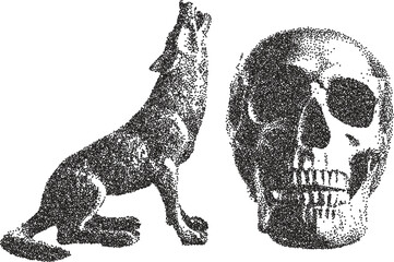 Obraz premium Skull retro y2k stipple design skeleton halftone brutalist urban vector png with clear background, bone 2000s photocopy grunge tattoo gen z effect