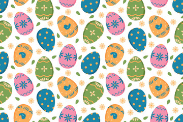 Cute seamless Easter pattern with decorated eggs and flowers on white background