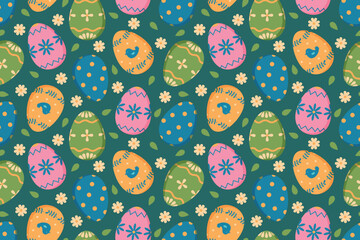 Cute seamless Easter pattern with decorated eggs and flowers on dark blue background
