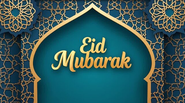 Elegant Islamic arch background featuring luxurious golden geometric arabesque patterns on a rich deep blue teal color for Ramadan and Eid celebrations