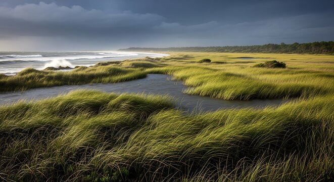 Dramatic coastal landscape with rolling grassy dunes by ocean