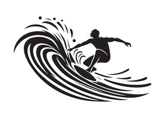 surfing logo silhouette vector, water sports logo silhouette illustration, catching waves logo silhouette, surfboard logo, surfing wave riders logo vector silhouette on white background © Adobe design