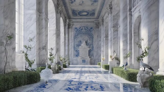An ornate white hall with marble pillars, blue accents, and a curious fox