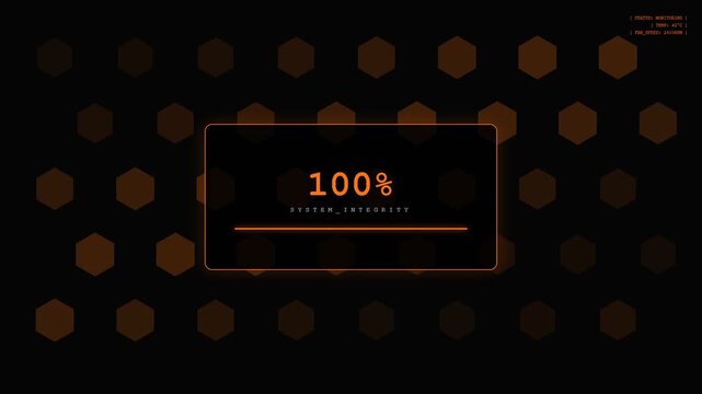 4K Futuristic Hexagonal Grid Dashboard Cyber Orange Tech HUD Interface with Pulsing Hexagons and System Integrity Progress Display Animation Loop
