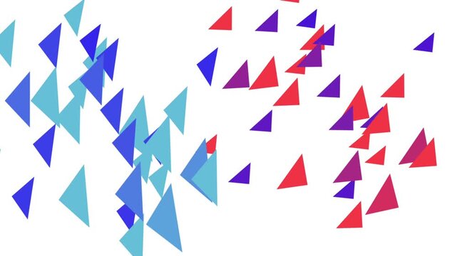 Abstract geometric animation featuring blue and red triangles flying and rotating across a contrasting background.