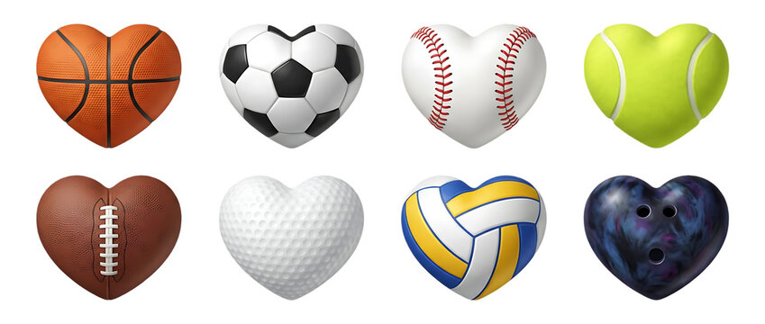 Heart shaped sports ball collection on transparent background including basketball soccer baseball tennis football golf volleyball bowling for fitness lovers and athletic designs