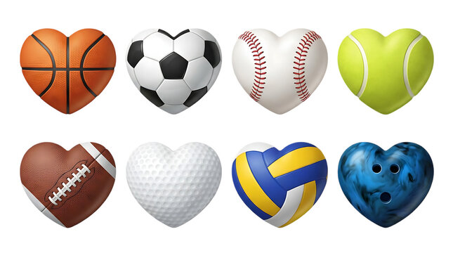 Valentine sports balls in heart shapes featuring basketball soccer baseball tennis american football golf volleyball and bowling balls isolated on transparent background for design