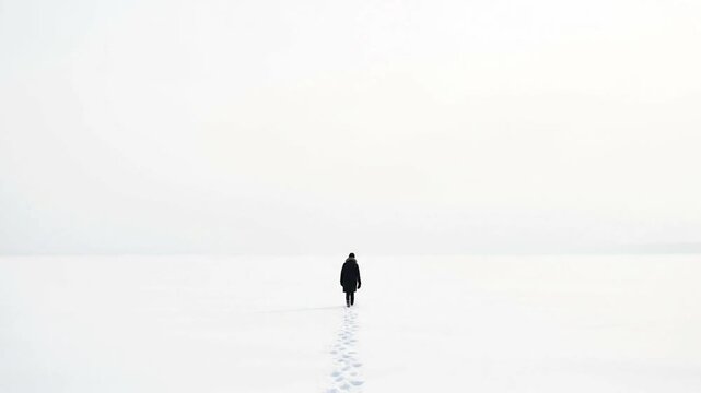 Lone person walking leaving footsteps in vast isolated white background