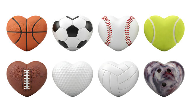 Set of heart shaped athletic equipment balls for basketball soccer baseball tennis football golf volleyball and bowling for sports lovers isolated on transparent background graphic