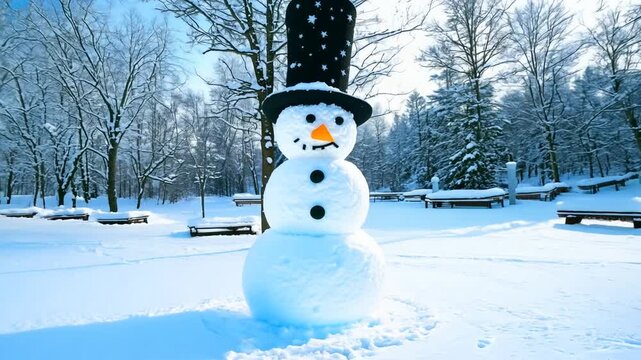 A static shot of a cheerful, three-ball snowman wearing a star-patterned top hat and carrot nose, standing prominently in a beautifully snow-covered park landscape under a bright, clear winter sky fo