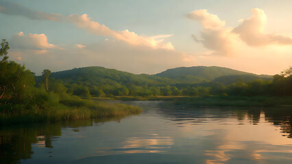 Obraz premium Serene lake surrounded by lush green mountains and trees at sunset