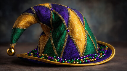 A banner for the Mardi Gras carnival. Carnival colored hat.