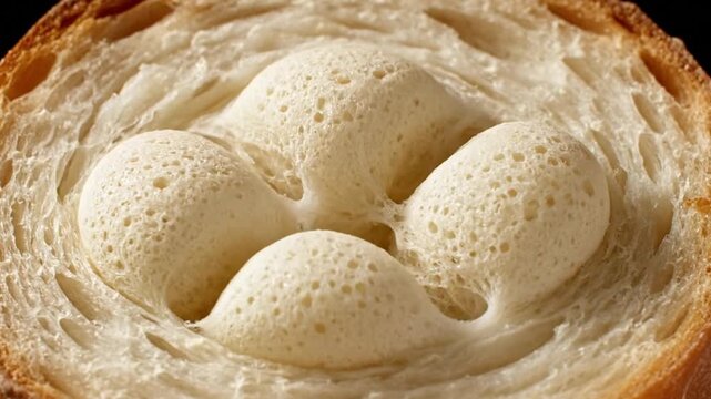 macro shot of freshly baked sourdough bread with airy bubbles and golden crust