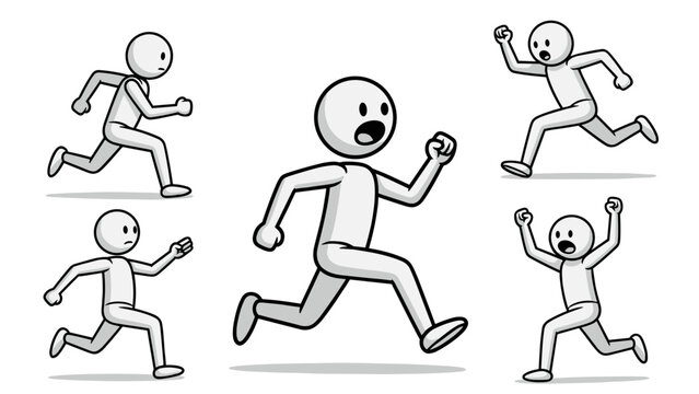 Funny runner vector stickman figures in various sprinting poses, generic white human character running fast, scared, and rushing for business presentation, storyboard or infographic.