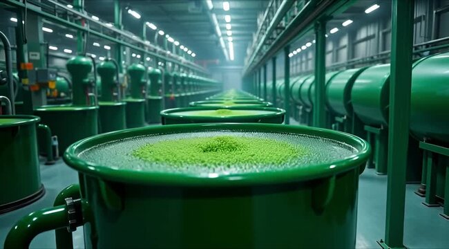 Circular Bioeconomy: Circular bioprocess with algae bioreactor inside industrial facility
