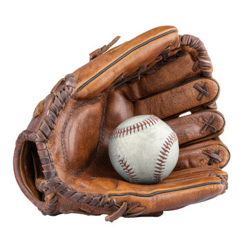 PNG Vintage leather baseball glove cradling a worn baseball against a clean white background