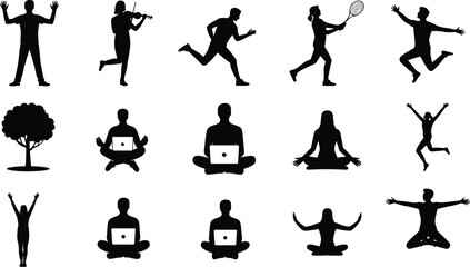 Cartoon silhouette icon set of diverse human activities including sports, meditation, laptop work, music, and expressive motion poses. © Shirina