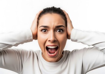 Woman screaming with hands over ears in distress and shock