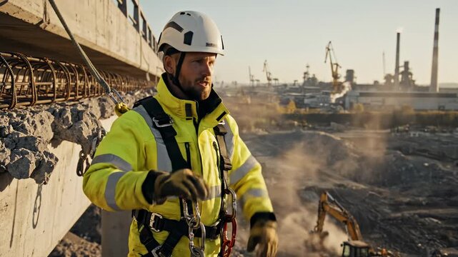 Professional civil engineer in safety gear evaluates earthquake damage at an industrial site during sunset, gesturing towards debris and machinery amid golden hour dust and atmosphere.